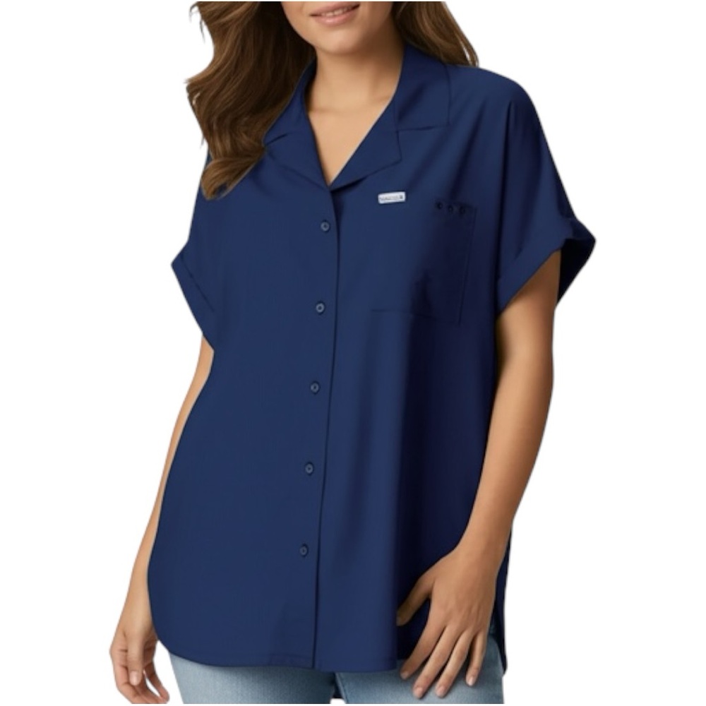 Columbia Women's PFG Navy Blue Short Sleeve Button Down Fishing Shirt Size XL